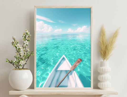 A serene turquoise sea with a clear horizon stretches before the viewer, with the bow of a small white boat in the foreground, offering a tranquil and inviting scene of tropical paradise.

