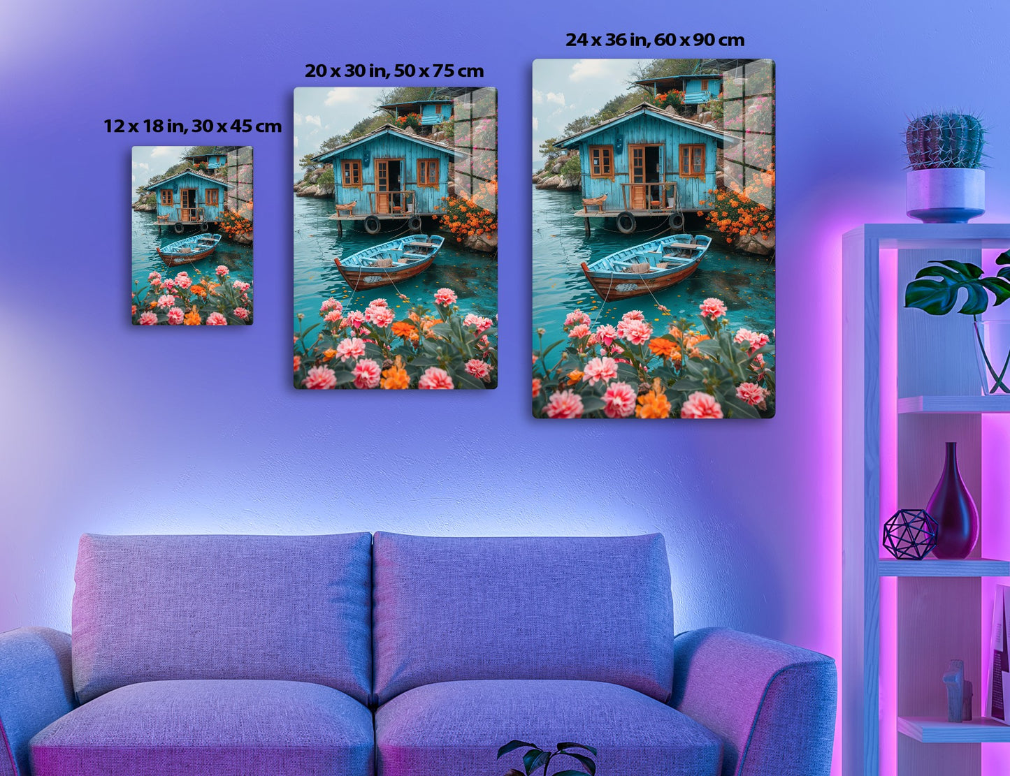 A colorful floating house with a turquoise wooden exterior and lush flowers on the water's edge, accompanied by a small wooden boat in a picturesque natural setting.
