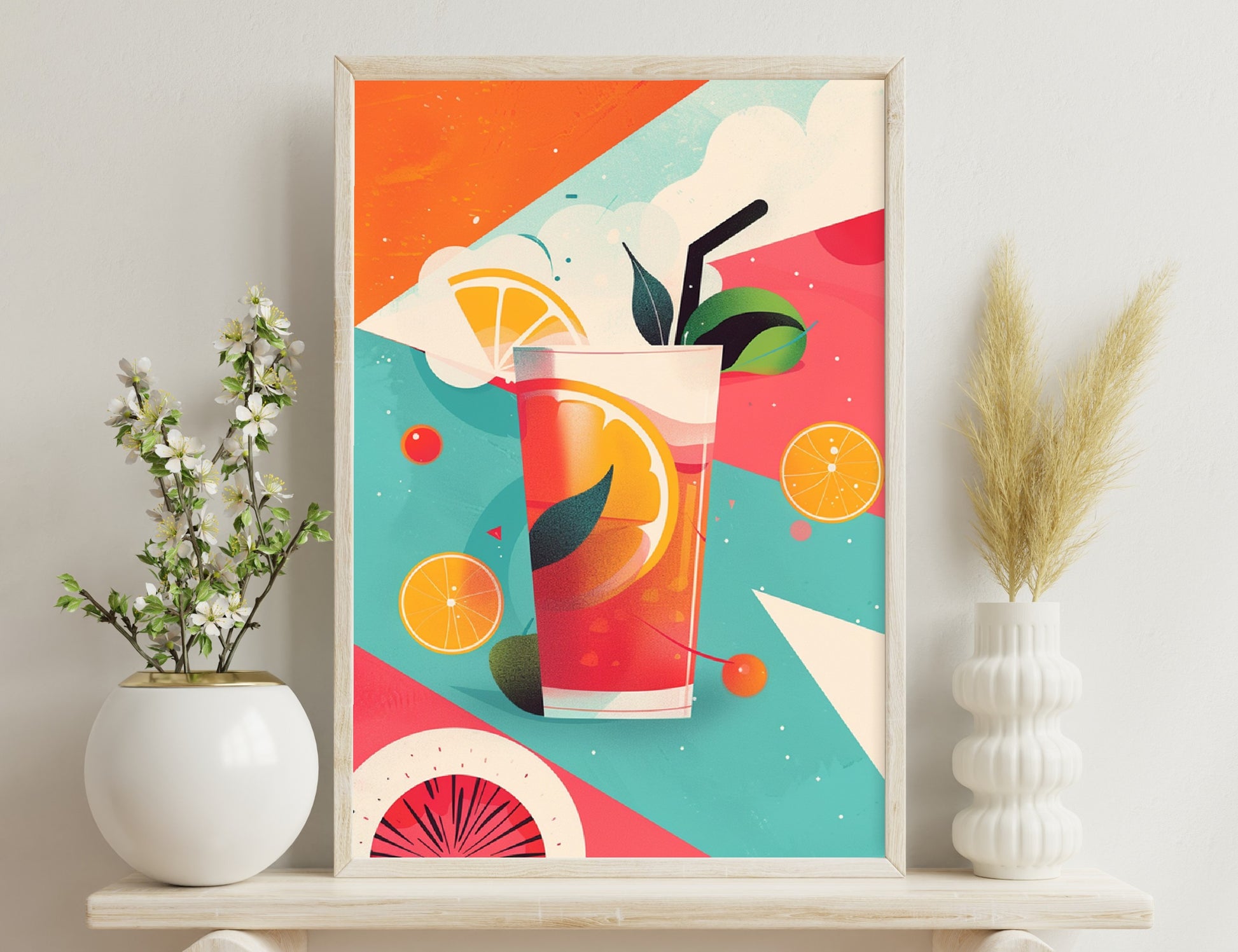 A vibrant illustration of a tropical cocktail garnished with an orange slice and a leafy sprig, surrounded by scattered orange slices, a paper fan, and abstract shapes in shades of orange, pink, teal, and white.
