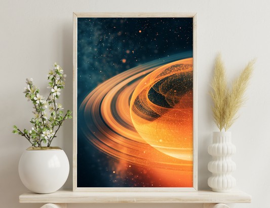 A spectacular view of Saturn's rings, glowing in warm orange and golden hues against the backdrop of a star-studded deep blue cosmic sky. The detailed, intricate patterns of the icy rings encircle the planet's surface,
