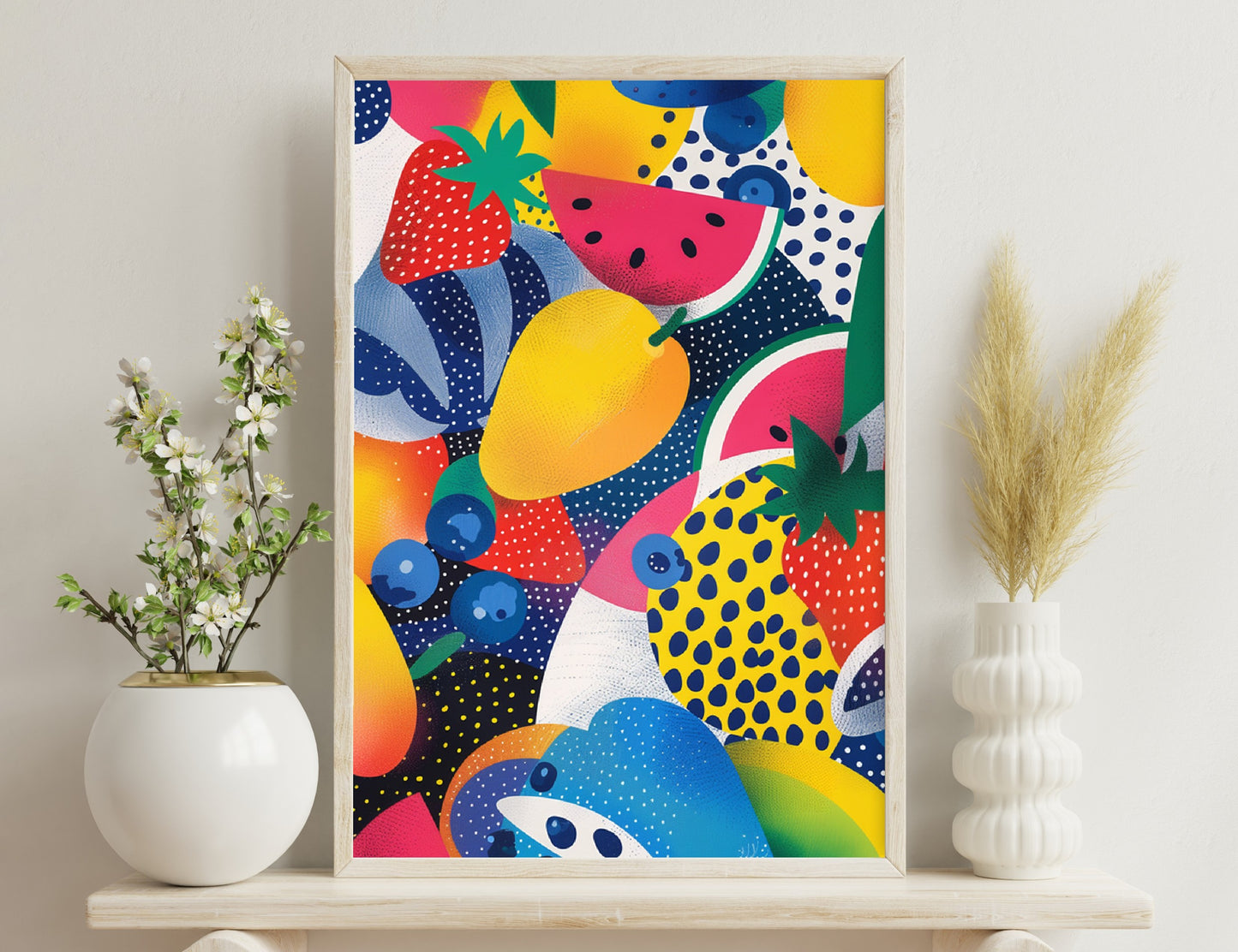 Vibrant and playful collage of tropical fruits like watermelon slices, pineapple, blueberries and strawberries in abstract polka dot and curved patterns against colorful backgrounds.
