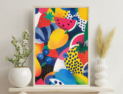 Vibrant and playful collage of tropical fruits like watermelon slices, pineapple, blueberries and strawberries in abstract polka dot and curved patterns against colorful backgrounds.
