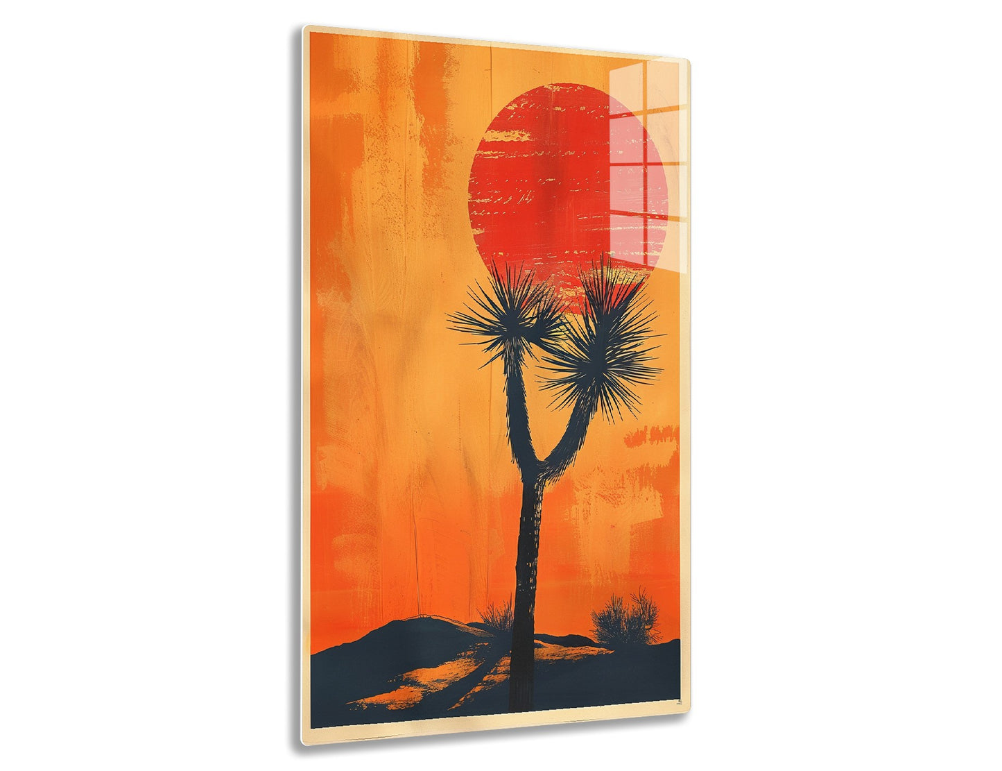 A stylized landscape illustration with a large red sun, silhouetted palm trees against an orange sky, and dark hills in the foreground.
