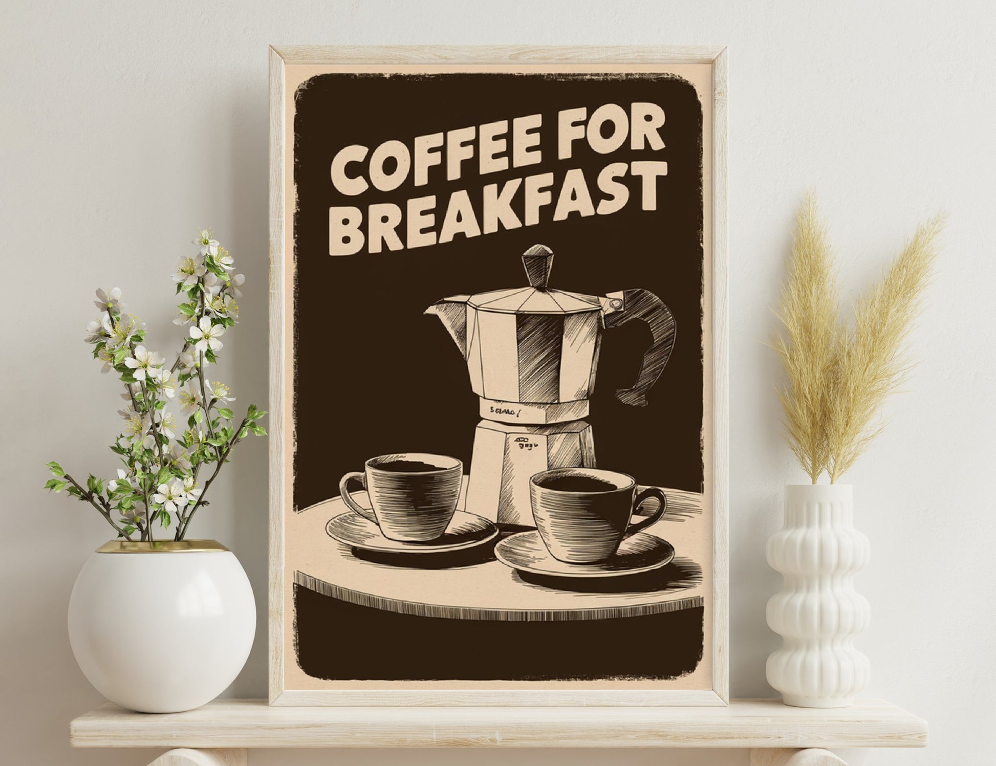 A vintage-style poster illustration depicting a stovetop coffee maker and two cups of coffee on saucers, with the text "Coffee for Breakfast" prominently displayed at the top.
