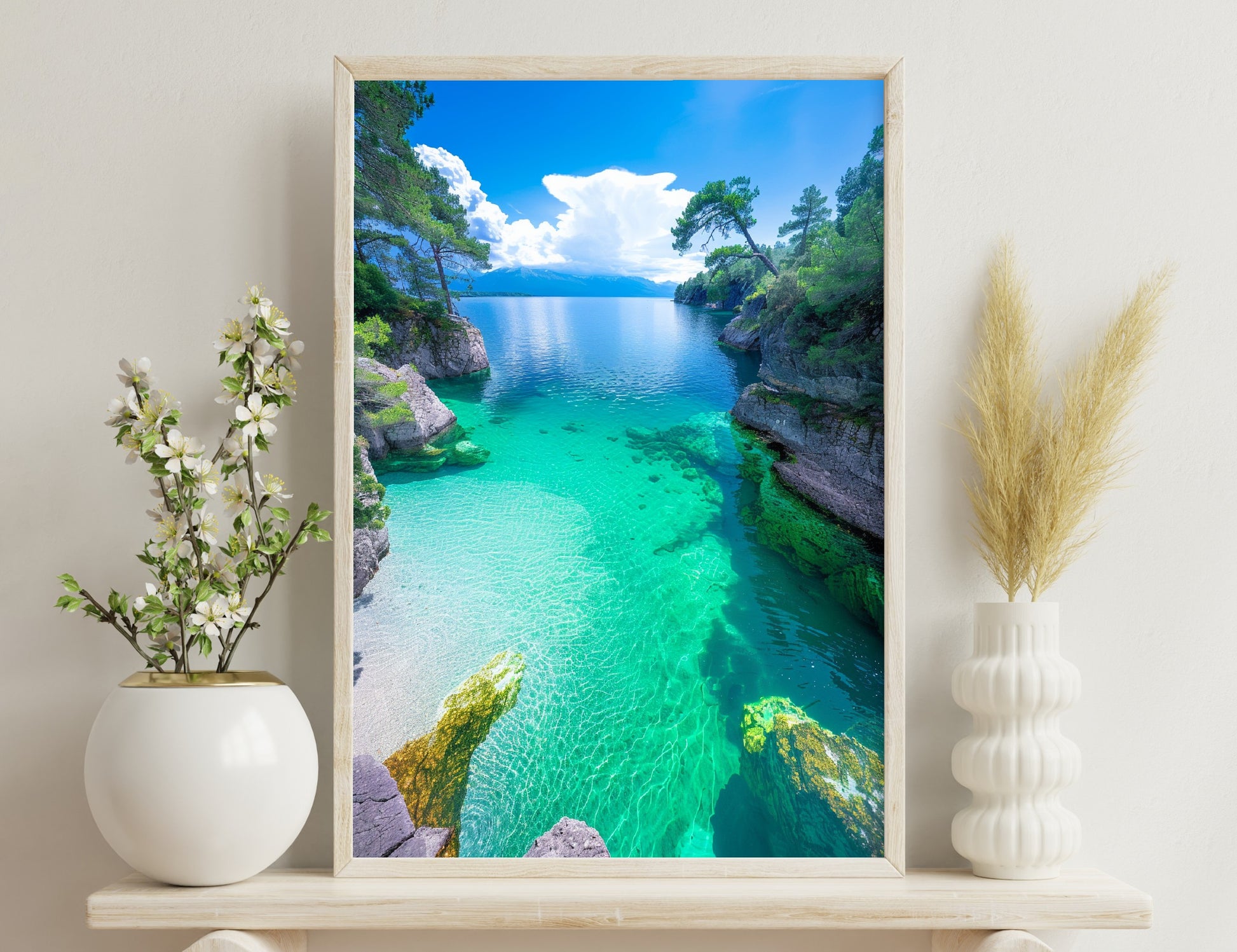 Clear blue lake surrounded by rocky shores, pine trees and a mountainous backdrop under a cloudy sky, with stunning shades of green and turquoise in the water.
