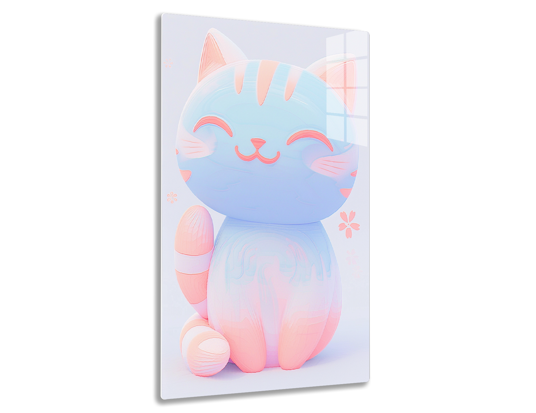 A plump, cartoon-style blue and pink cat with closed eyes and a content expression, rendered in a soft, pastel color palette.

