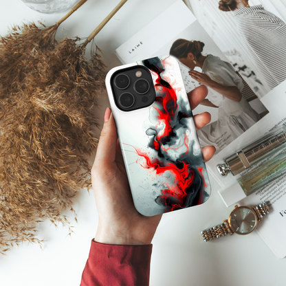 Blush Swirl (iPhone Case 11-15)Elevate your iPhone's protection and style with RimaGallery's Elegant swirls of red and smoke blend across On case, featuring dual-layer defense and a sleek, glossy RimaGallery