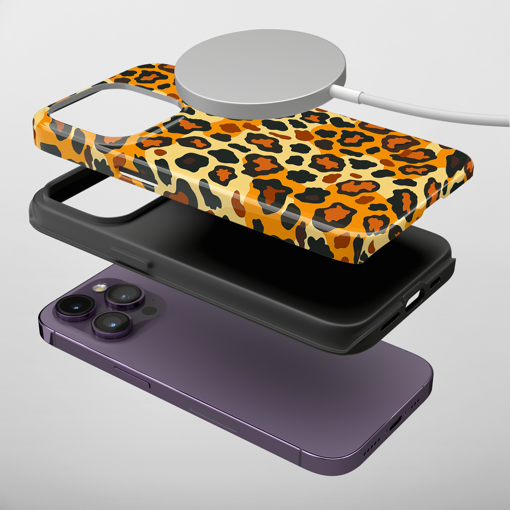 Safari Chic iPhone case on iPhone 15, demonstrating MagSafe compatibility and secure attachment.