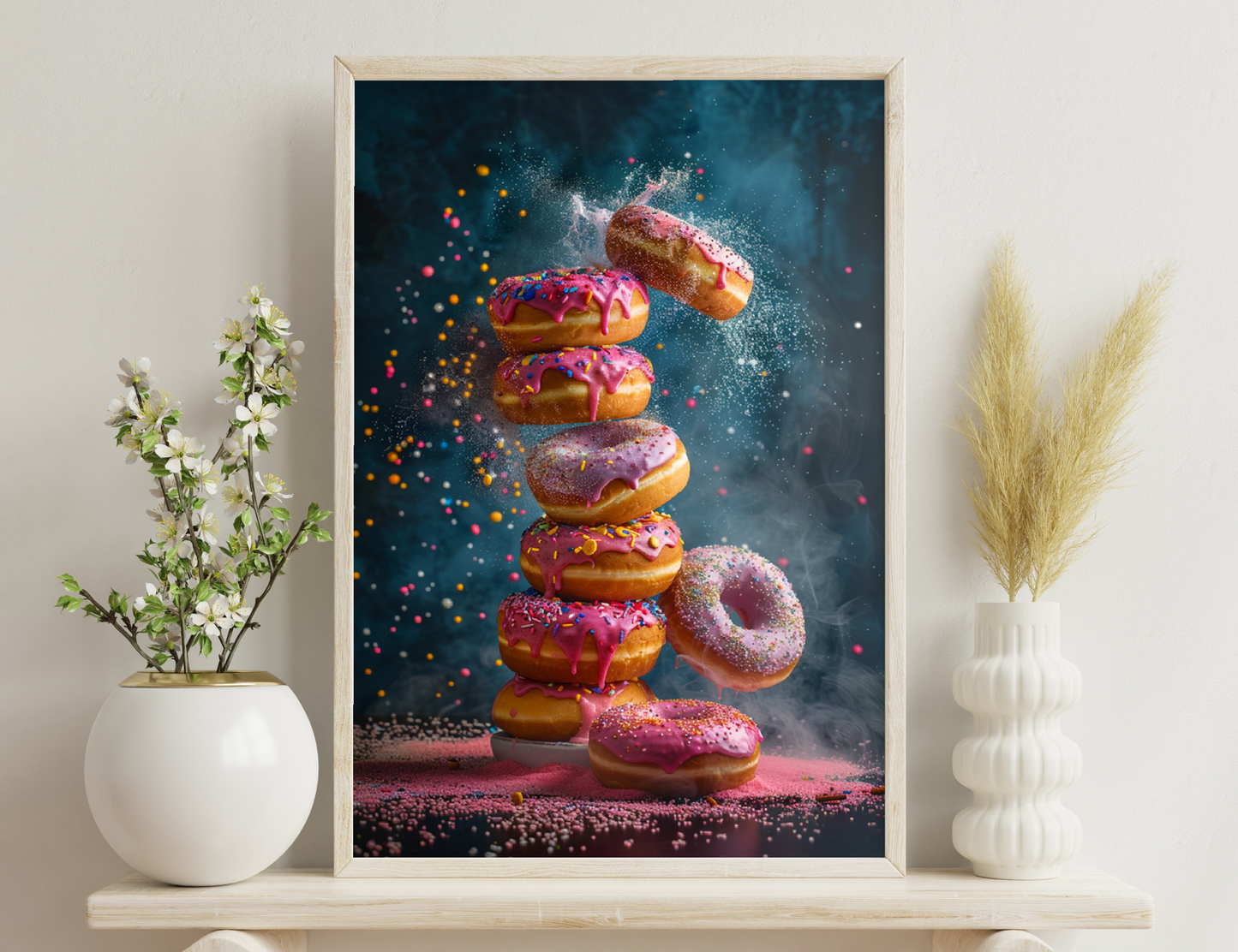 A stack of colorful glazed donuts with sprinkles, captured mid-explosion against a dramatic blue background, showcasing the motion and splashing particles.

