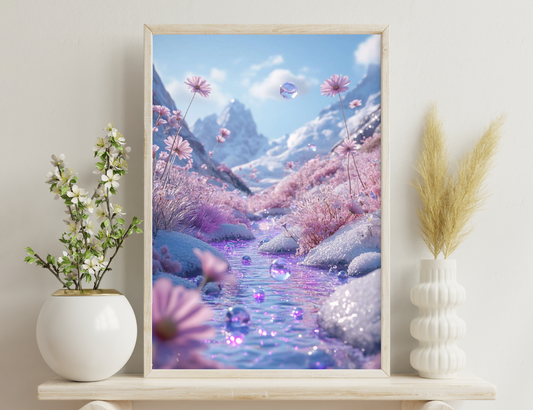 A dreamy and surreal landscape with purple flowers lining a stream, floating bubbles, and majestic mountains in the background, creating a whimsical and enchanting scenery.
