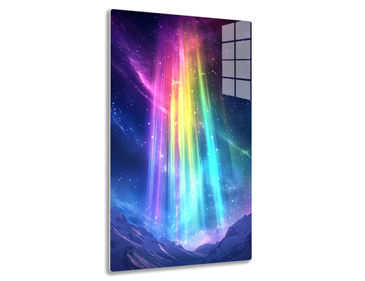Colorful aurora borealis lights illuminate the night sky over snow-capped mountains, creating a mesmerizing cosmic display of vibrant purple, pink, yellow, green, and blue hues.
