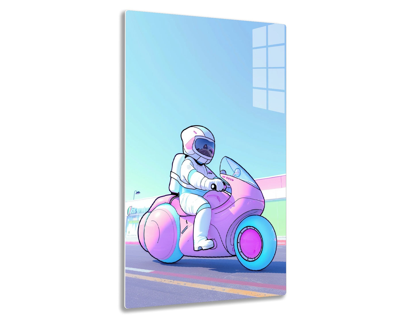 An astronaut in a futuristic pastel-colored motorcycle rides along a road with mountains in the background reflected in the helmet visor, depicting a surreal and imaginative scene.
