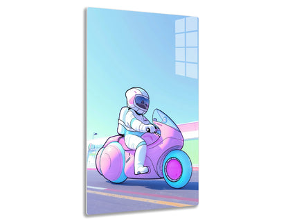 An astronaut in a futuristic pastel-colored motorcycle rides along a road with mountains in the background reflected in the helmet visor, depicting a surreal and imaginative scene.
