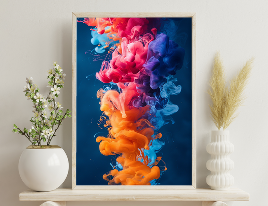 Vibrant swirling smoke clouds of orange, red, pink, purple and blue against a dark blue background, creating an abstract and dynamic composition.
