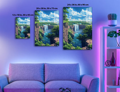 Breathtaking landscape with towering waterfall cascading over rocky cliffs into a winding river, surrounded by lush greenery, trees, and fluffy white clouds in a bright blue sky.
