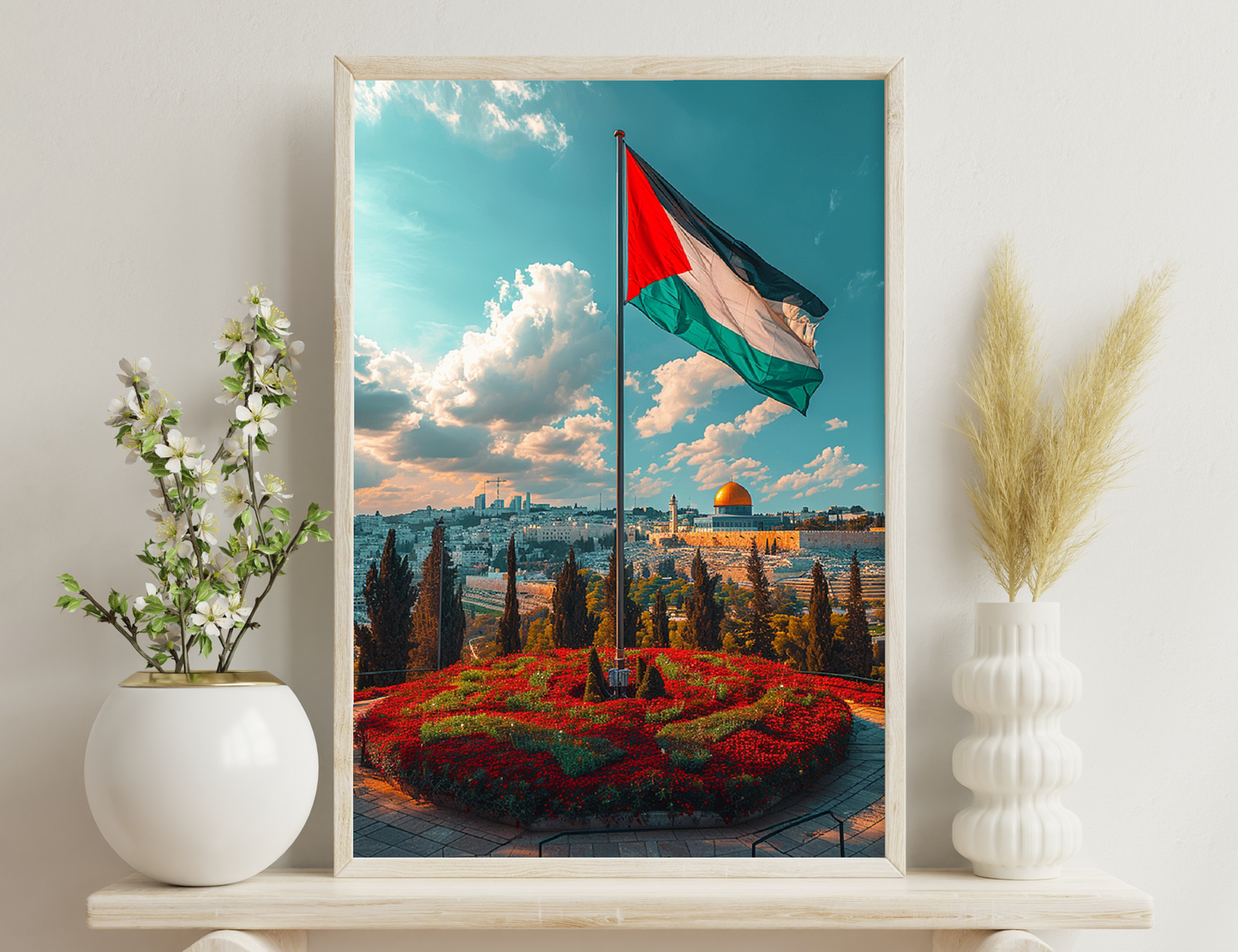 A panoramic view of Jerusalem with the Palestinian flag waving in the foreground, overlooking the Dome of the Rock and the old city skyline against a cloudy sky.
