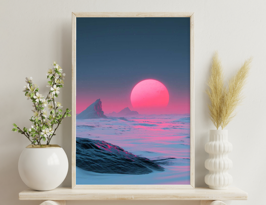 A surreal landscape depicting a massive pink sun setting over icy mountains and waves under a starry sky, creating a stunning contrast of warm and cool colors.
