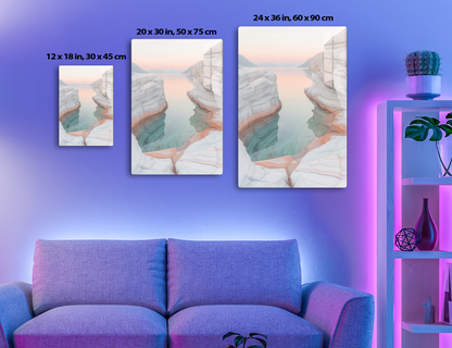 Majestic canyon with striped, colorful rock formations reflecting in the serene waters of a lake at sunset or sunrise, creating a breathtaking natural scenery.
