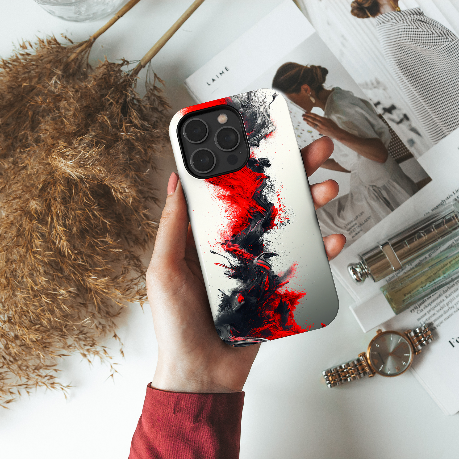 Scarlet Swish (iPhone MagSafe Case)Elevate your iPhone's protection and style with RimaGallery's Dynamic swirls of red on a MagSafe Case against a dark backdrop. Enjoy dual-layer defense, vibrant desiRimaGallery