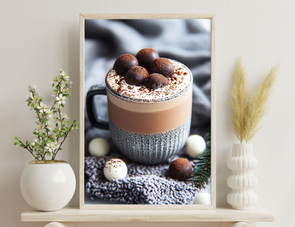 Hot chocolate topped with whipped cream, chocolate shavings, and chocolate truffles garnished with a holiday theme.

