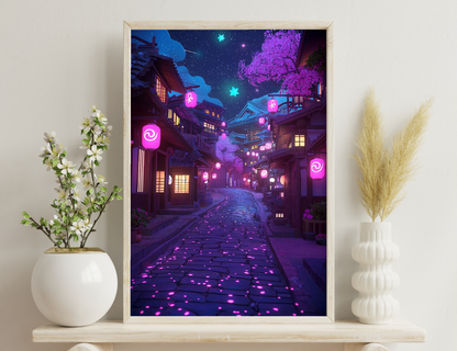 Traditional Japanese street at night, illuminated by pink lanterns and blossoming purple trees under a starry sky. Stone path leads through wooden buildings with glowing windows.
