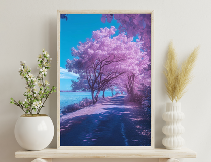 A winding path lined with vibrant purple-hued trees leads towards a tranquil lake or sea, creating a surreal and enchanting scenery under a clear blue sky.
