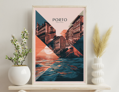 Travel poster depicting traditional buildings of Porto, Portugal, with geometric shapes and waves, creating a surreal and artistic representation of the city's architecture and coastal location.
