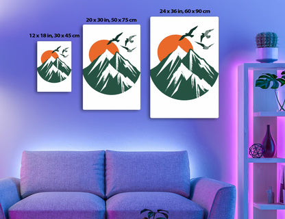 Snow-capped mountain peaks against an orange sun with flying birds silhouetted
