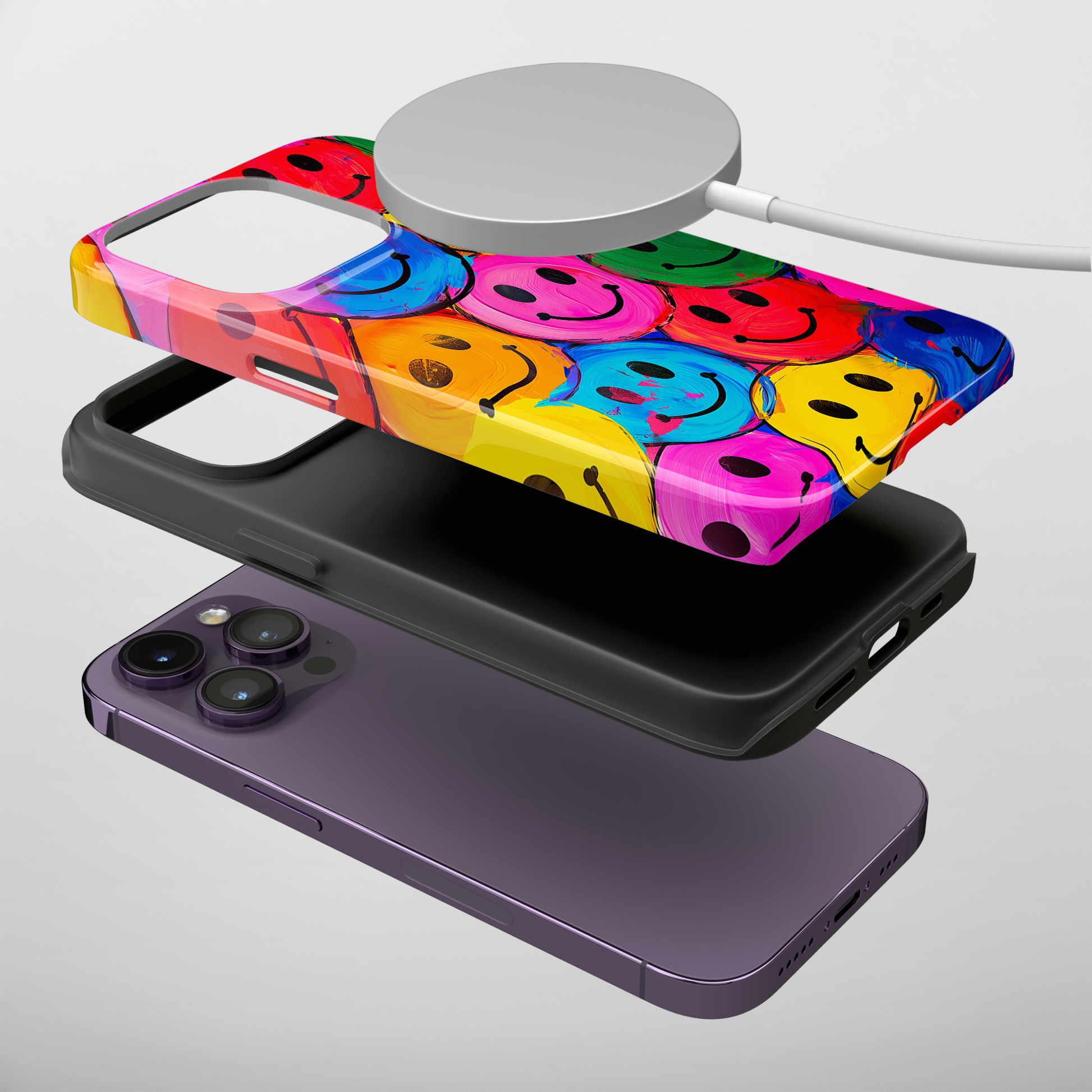 Colorful Smiley Face (iPhone MagSafe Case)Elevate your iPhone's protection and style with RimaGallery's Colorful smiley face on iphone MagSafe Case against a dark backdrop. Enjoy dual-layer defense, vibrant RimaGallery