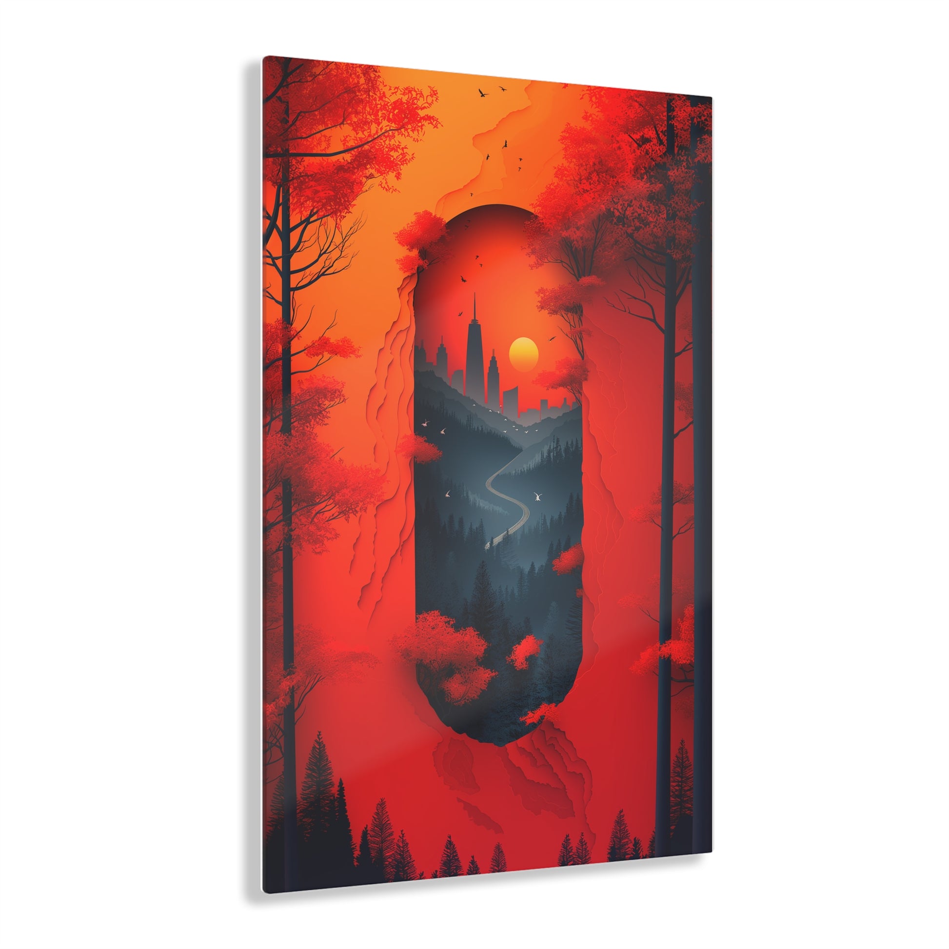 Red Leafy Cityscape (Acrylic)Step into the universe with Red forest and castle Acrylic art from RimaGallery. Experience the cosmos in your home with vibrant, ethically crafted art. Free shippingRimaGallery