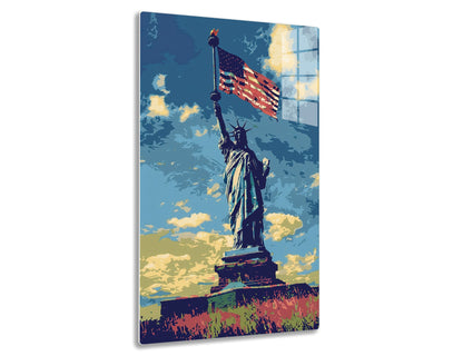 The Statue of Liberty holding a tattered American flag, set against a turbulent sky with bursts of flames or explosions in the background, portraying a sense of turmoil or crisis.
