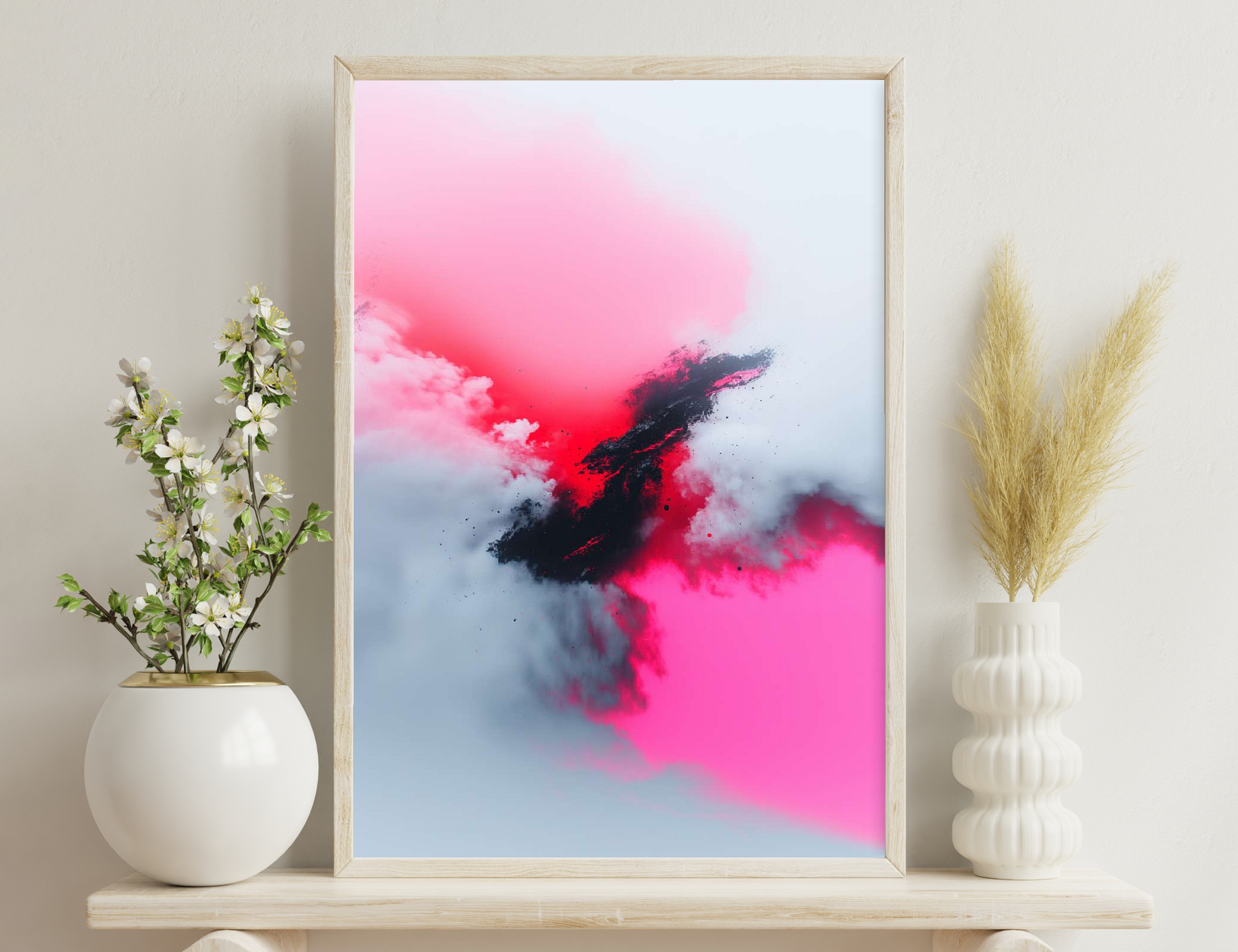 Swirling clouds of vibrant red and black smoke suspended in the air against a soft pink and blue sky background.
