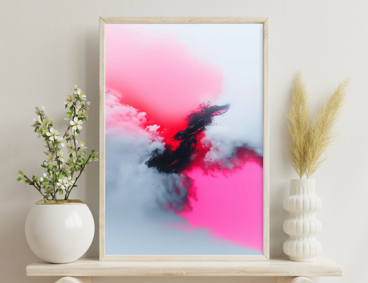 Swirling clouds of vibrant red and black smoke suspended in the air against a soft pink and blue sky background.
