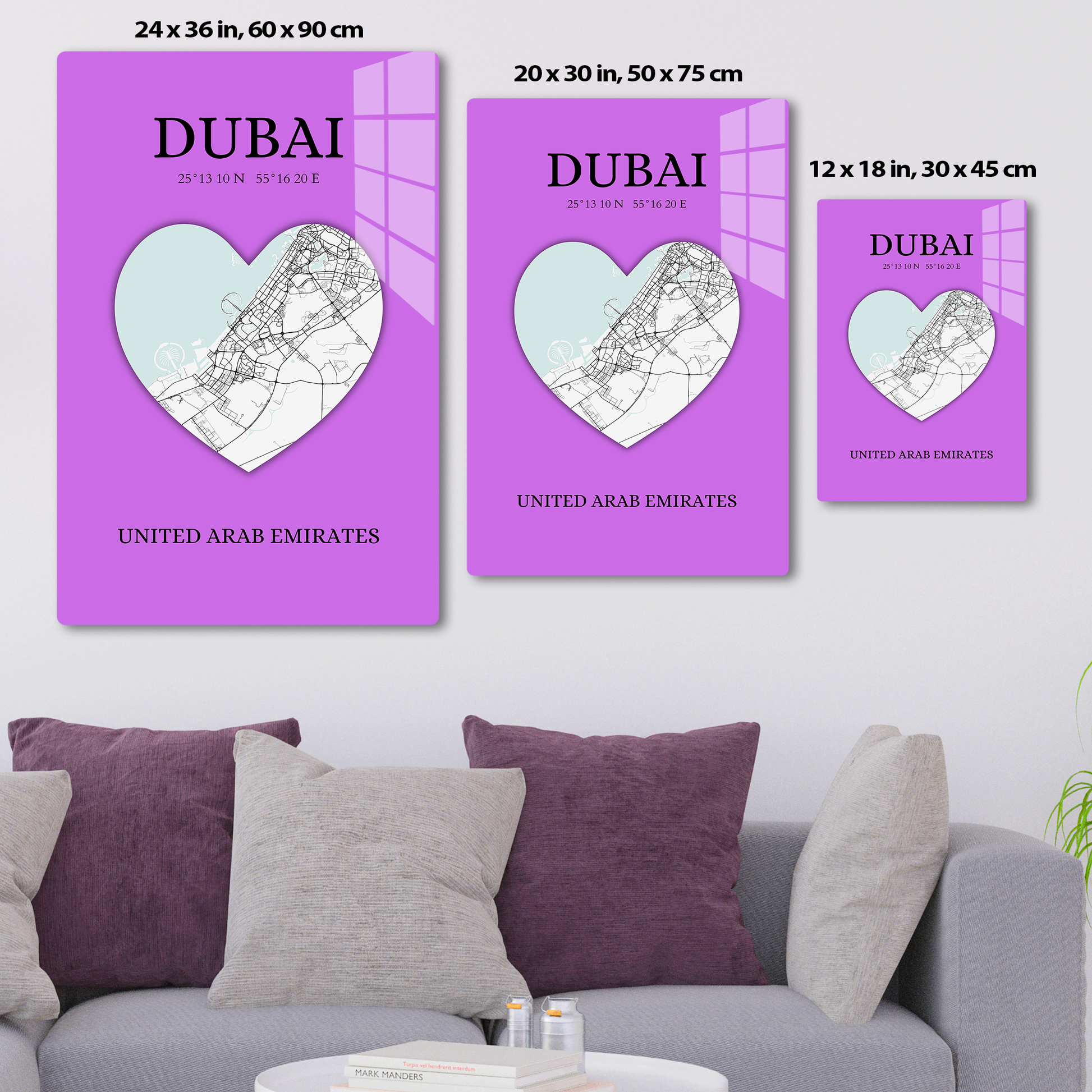 Dubai Heartbeat - Purple (Acrylic)Step into the universe with Vibrant purple Dubai souvenir featuring a heart and map. Acrylic art from RimaGallery. Experience the cosmos in your home with vibrant, eRimaGallery