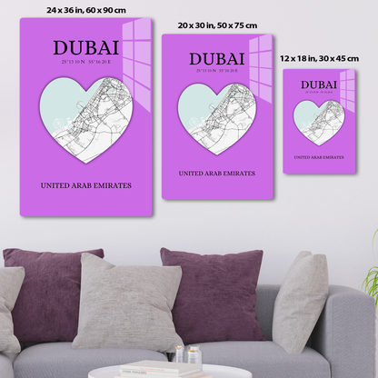 Dubai Heartbeat - Purple (Acrylic)Step into the universe with Vibrant purple Dubai souvenir featuring a heart and map. Acrylic art from RimaGallery. Experience the cosmos in your home with vibrant, eRimaGallery