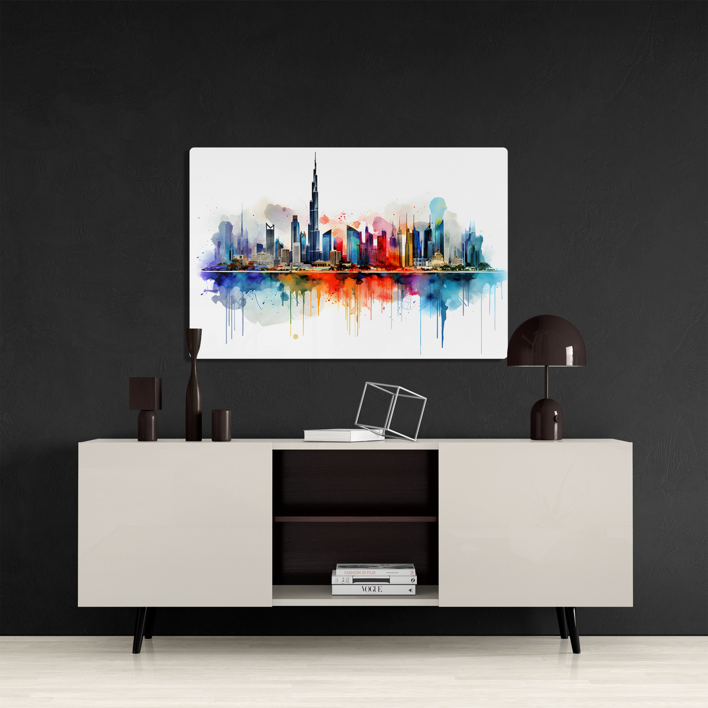 Watercolor Dubai Skyline (Acrylic)Make a statement with Watercolor Dubai Skyline acrylic prints. The 1⁄4" acrylic panel exudes the illusion of a smooth glass surface for vibrant artwork. Pre-installeRimaGallery