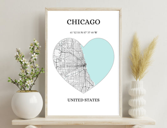 A heart-shaped image combining a street map of Chicago and a solid teal area, showing the geographical coordinates and "Chicago, United States" text below.
