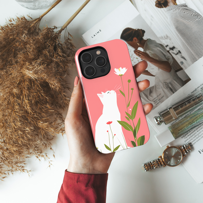 Blossom Gazer (iPhone Case 11-15)Elevate your iPhone's protection and style with RimaGallery's A serene white cat admiring spring blossoms on a pastel pink On case, featuring dual-layer defense and RimaGallery