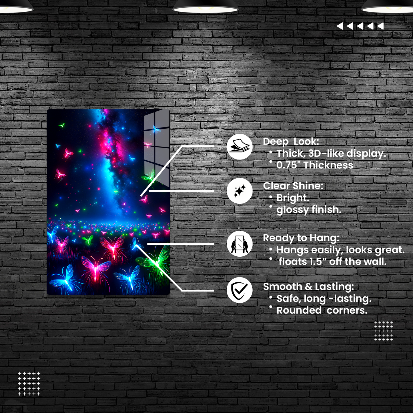 Neon Flutter (Acrylic)Make a statement with Neon Flutter acrylic prints. The 1⁄4" acrylic panel exudes the illusion of a smooth glass surface for vibrant artwork. Pre-installed hanging haRimaGallery