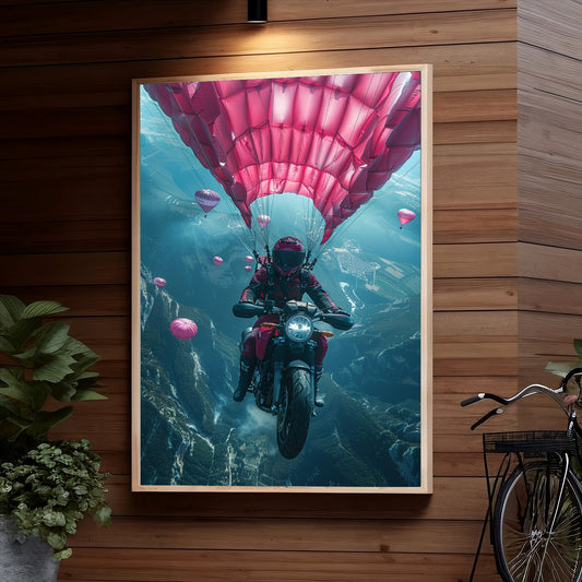 A daring motorcyclist soars amidst vibrant hot air balloons against a stunning aerial landscape, creating a surreal and adrenaline-fueled scene.
