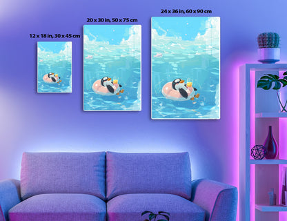 An illustration of a puffin relaxing on an inflatable pool float in the ocean, sipping on a drink while surrounded by fish and bubbles.

