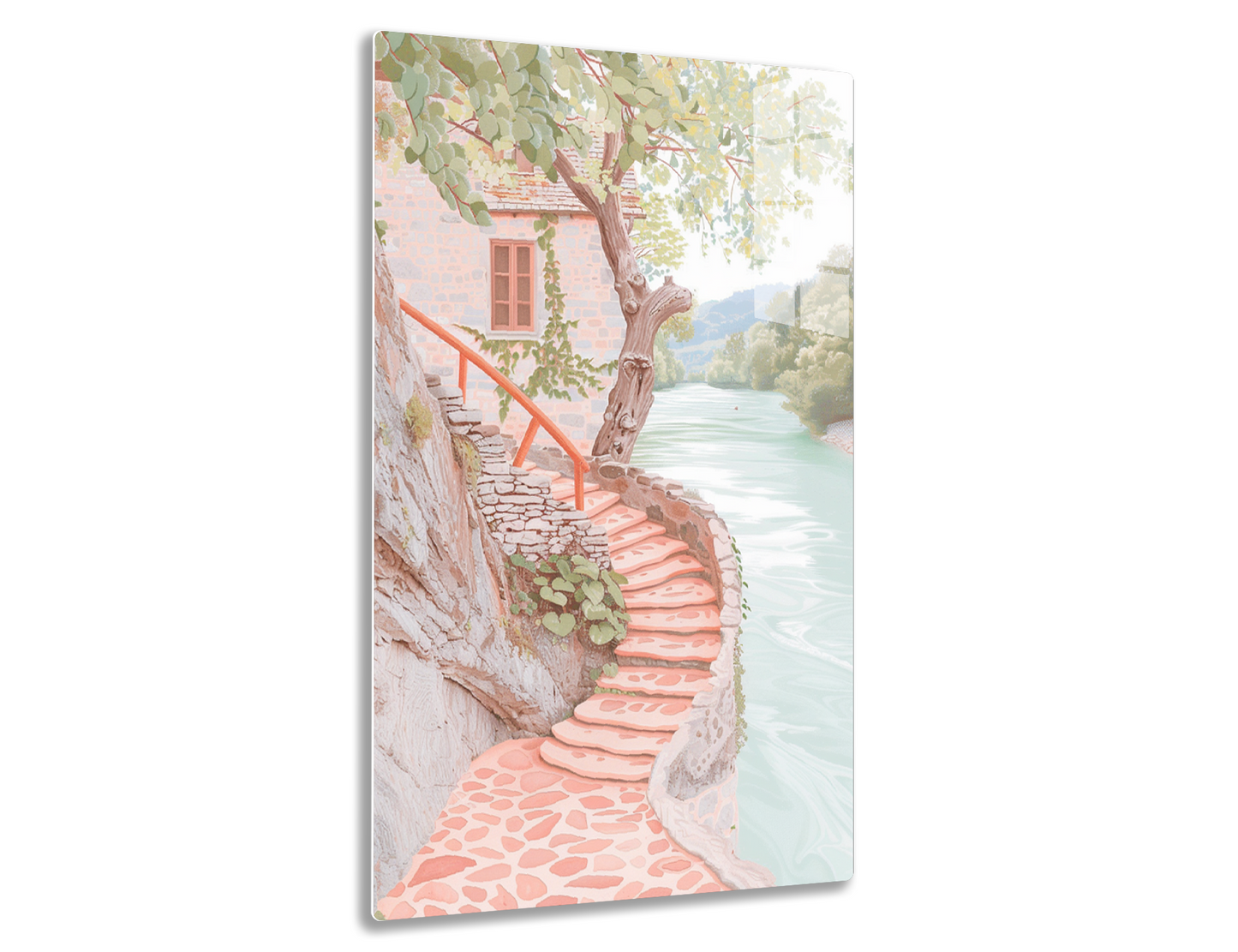 A pink stone staircase winds down a cliffside towards a serene lake, with a vine-covered cottage perched above and a gnarled tree providing shade over the idyllic scene.
