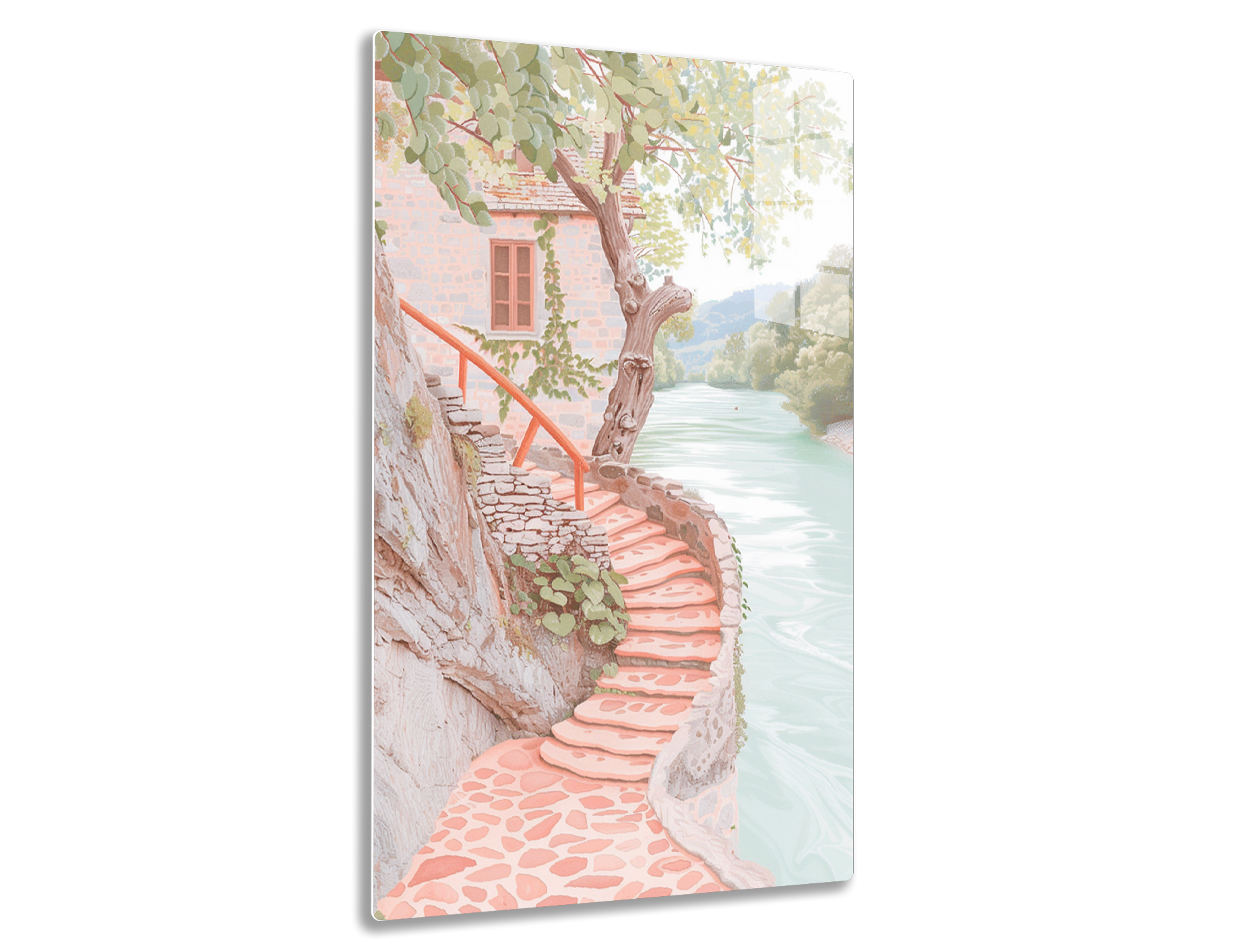 A pink stone staircase winds down a cliffside towards a serene lake, with a vine-covered cottage perched above and a gnarled tree providing shade over the idyllic scene.
