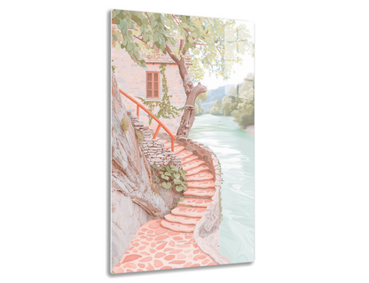A pink stone staircase winds down a cliffside towards a serene lake, with a vine-covered cottage perched above and a gnarled tree providing shade over the idyllic scene.

