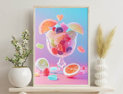A glass bowl filled with colorful gummy candies in the shape of citrus fruits, raspberries, and hearts, surrounded by slices of real citrus fruits on a pastel purple background.
