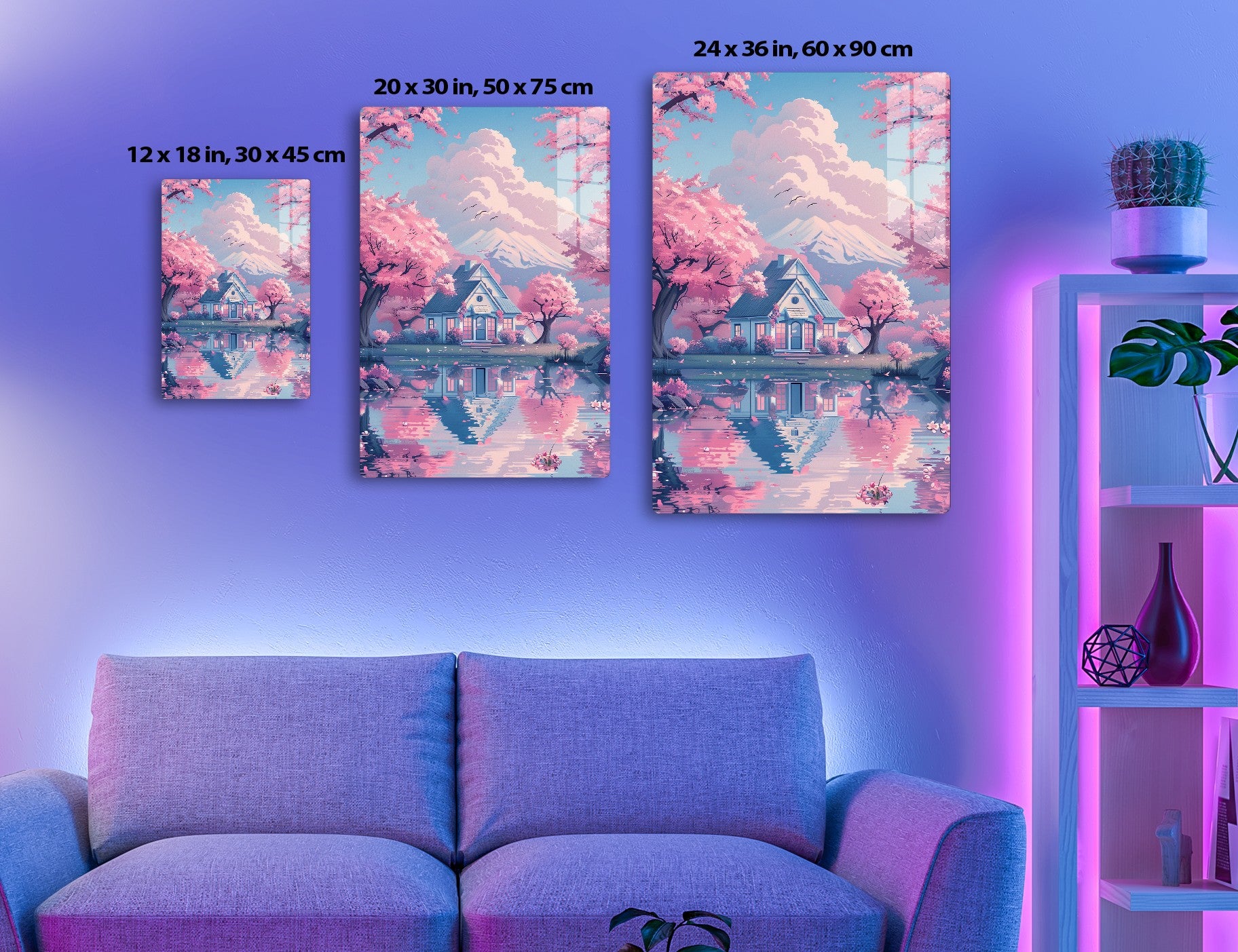 A serene pink blossom landscape with a cozy house reflecting in a pond before a snow-capped mountain and flocks of birds in the sky.
