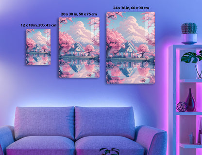 A serene pink blossom landscape with a cozy house reflecting in a pond before a snow-capped mountain and flocks of birds in the sky.
