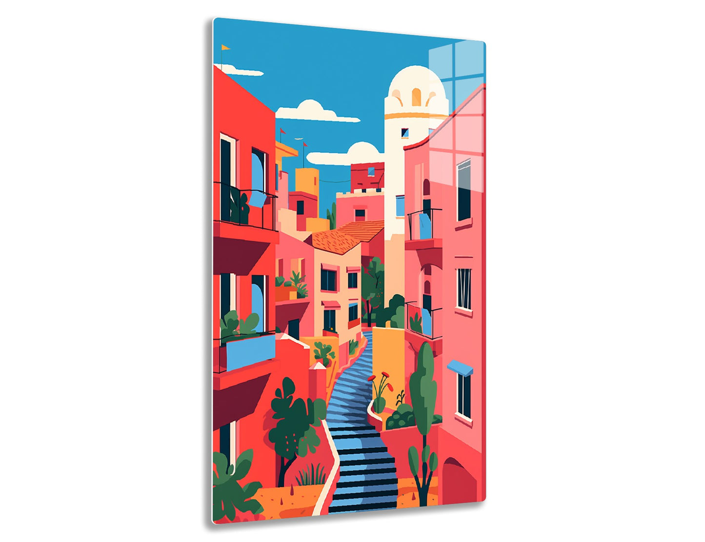 Colorful illustration of a Mediterranean-style village with vibrant red, orange, and pink buildings, stairs, domes, plants, and a blue sky with clouds.

