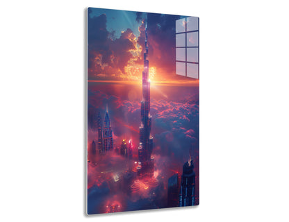 A futuristic skyline with towering skyscrapers piercing through fiery clouds at sunset, creating a stunning and surreal atmosphere.
