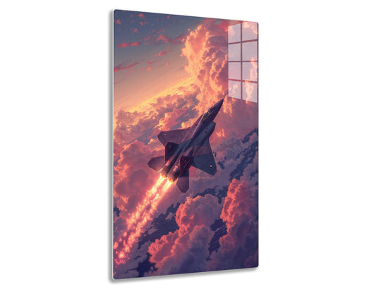 A military jet fighter plane soars through a dramatic cloudy sky with orange and red hues at sunset.
